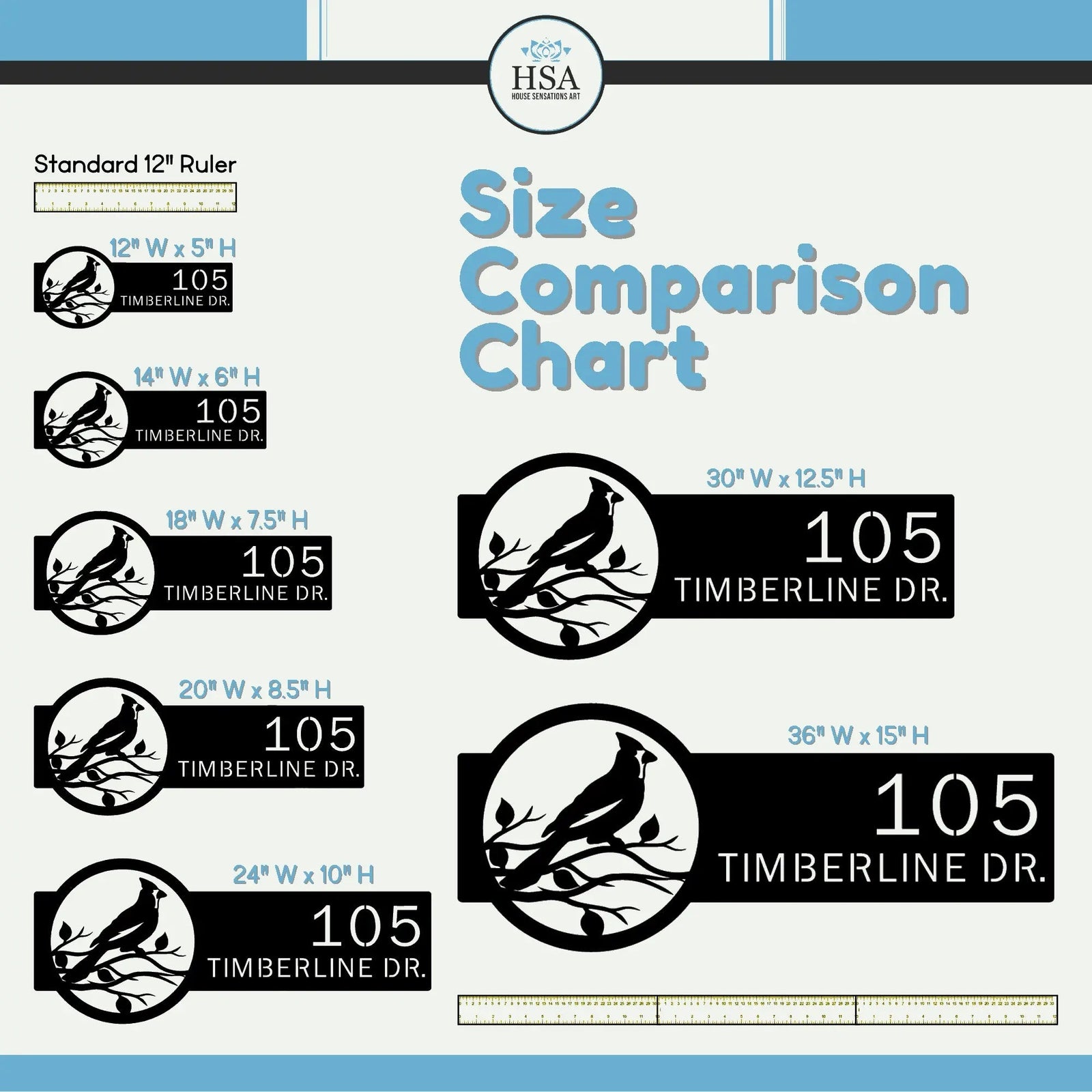 Size chart for personalized cardinals house number signs, showing dimensions and HSA logo for comparison