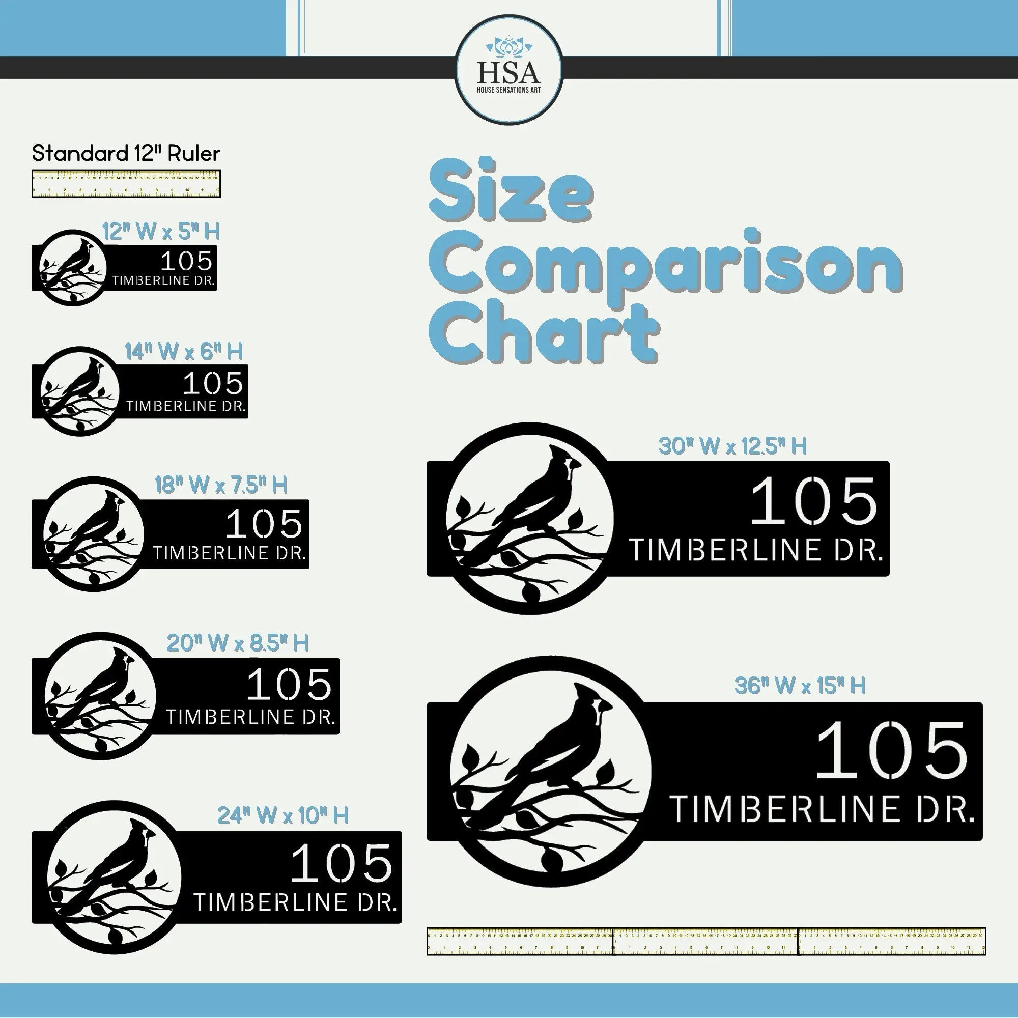 Size chart for personalized cardinals house number signs, showing dimensions and HSA logo for comparison
