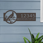 Personalized cardinals house number sign, front door outdoor metal décor, custom color sign with bird design on blue siding background