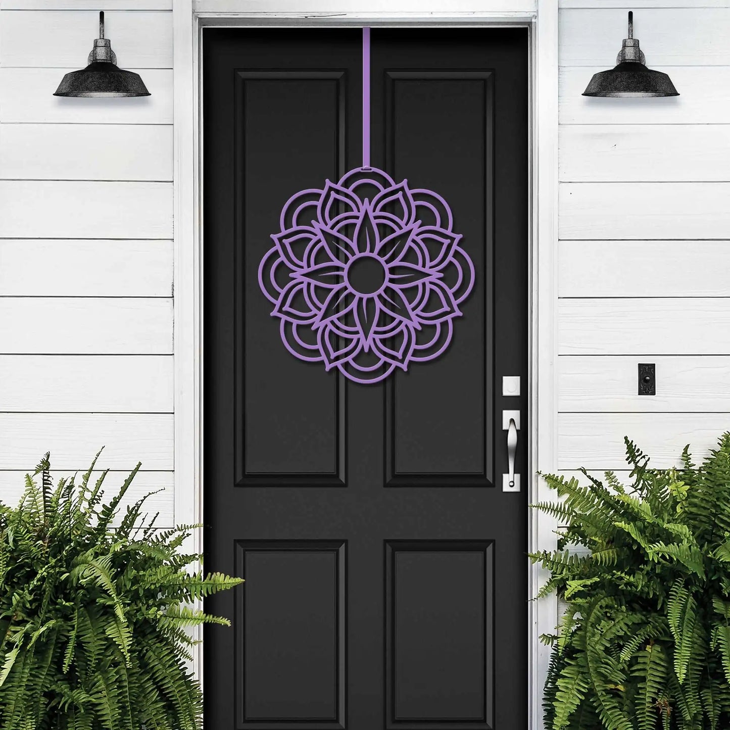 Cascade Flower Front Door Wreath showcasing a black door adorned with a vibrant purple flower, highlighting the customizable metal design. Perfect welcome sign for enhancing home, porch, or garden aesthetics.