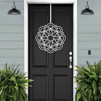 Cascade Flower Front Door Wreath - Customizable Metal Door Decor features a white flower design on a sleek black door, embodying personalized elegance and durability for home, porch, or garden.