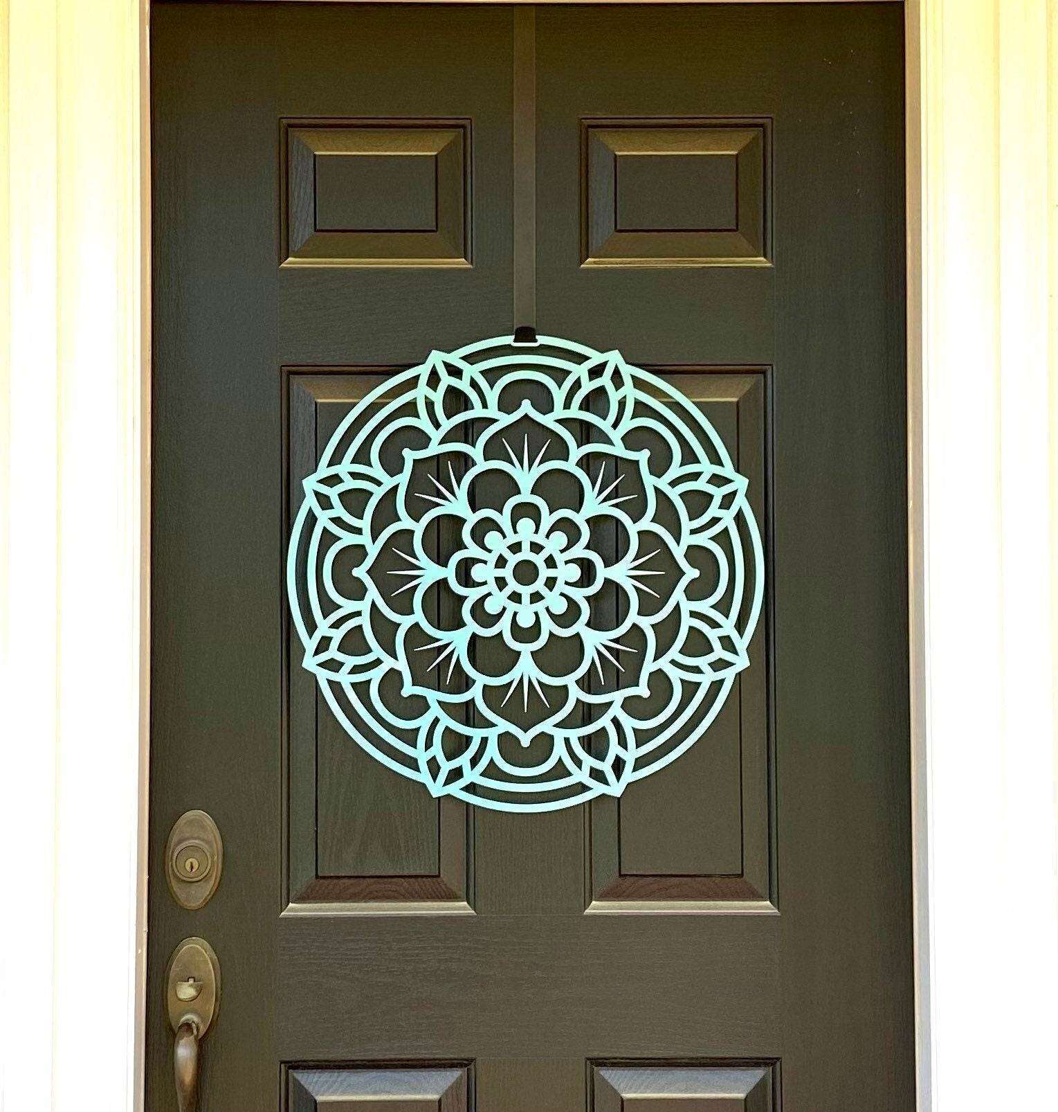 Cascade Lotus Flower Front Door Wreath - Customizable Metal Door Decor featuring a laser-cut lotus design on a door, showcasing durable craftsmanship ideal for home, porch, or garden decoration.