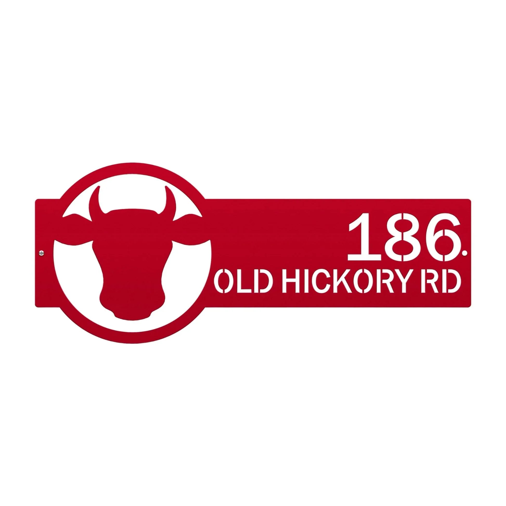 Close-up of deep red address sign featuring cattle head emblem on the right and house number '186 Old Hickory Rd' on the left.