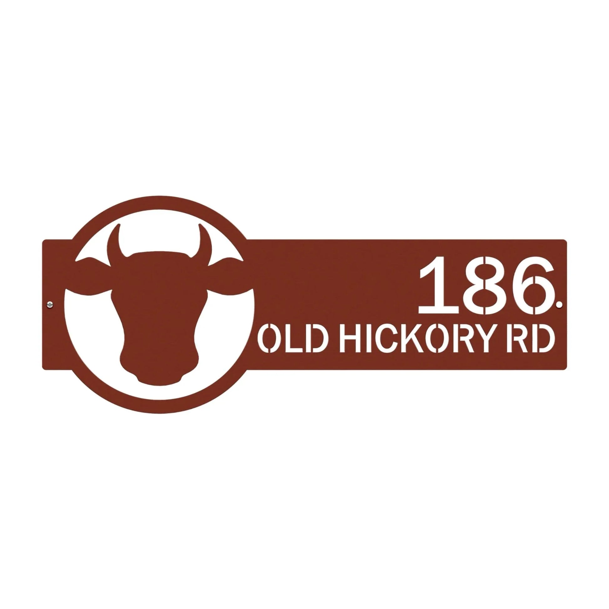 Close-up of candy copper  bronze address sign featuring cattle head emblem on the right and house number '186 Old Hickory Rd' on the left.