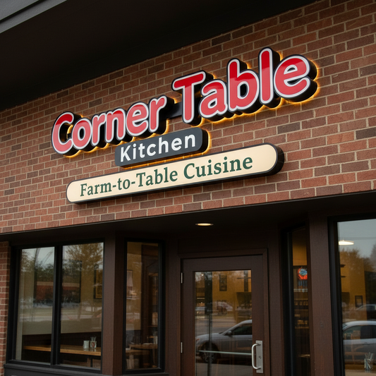 Outdoor channel letter sign for “Corner Table Kitchen” on a brick building, showcasing custom illuminated business signage for storefront branding.