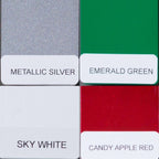 Color swatches labeled “Metallic Silver,” “Emerald Green,” “Sky White,” and “Candy Apple Red” displayed on a clean white background, showcasing a vibrant selection of metallic, bold, and neutral finish options.