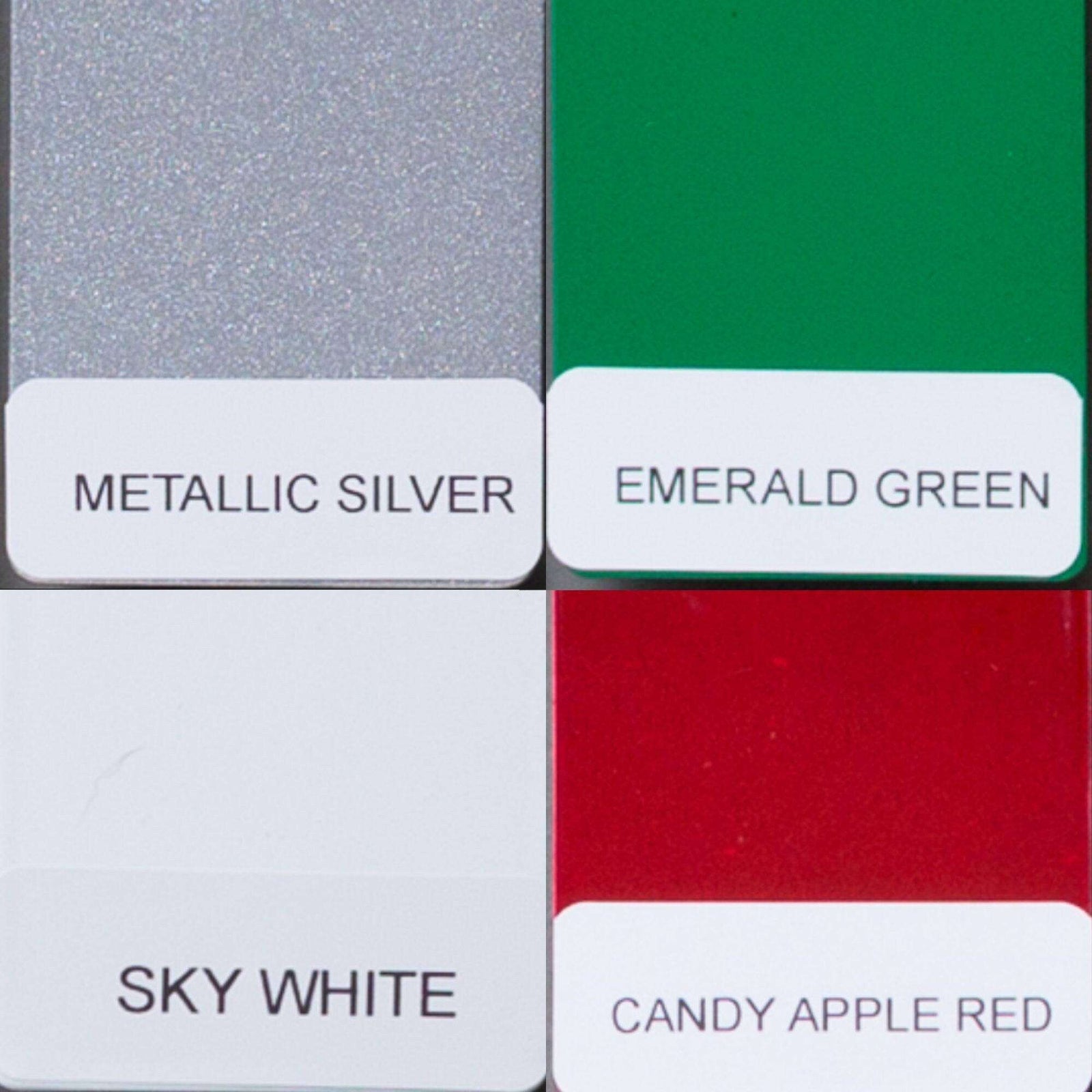 Color swatches labeled “Metallic Silver,” “Emerald Green,” “Sky White,” and “Candy Apple Red” displayed on a clean white background, showcasing a vibrant selection of metallic, bold, and neutral finish options.