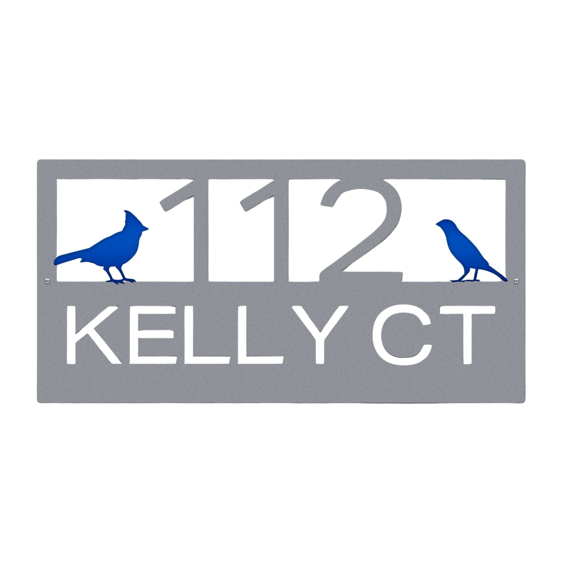 Satin Silver Classic Cardinal Address Sign featuring a blue cardinal on each side, house number '112' in the center, and 'Kelly CT' below.
