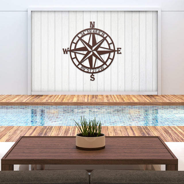 Classic nautical compass metal wall art, perfect coastal decor and beach house compass sign