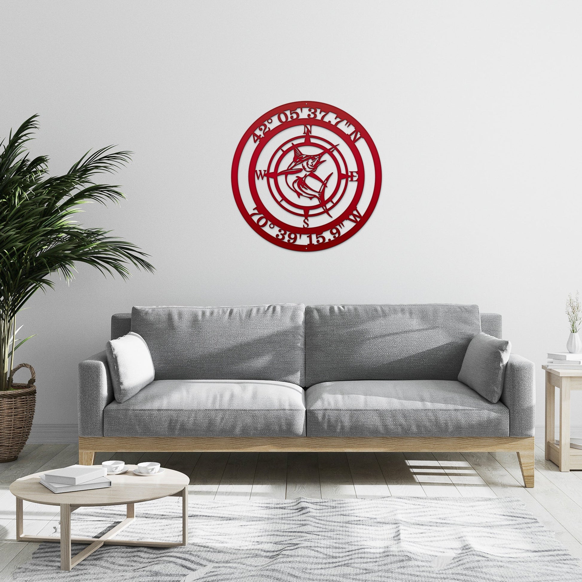 Coastal decor marlin sign with compass and engraved location details