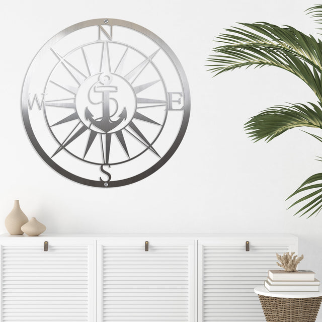 Coastal nautical compass with anchor custom sign – metal wall decor