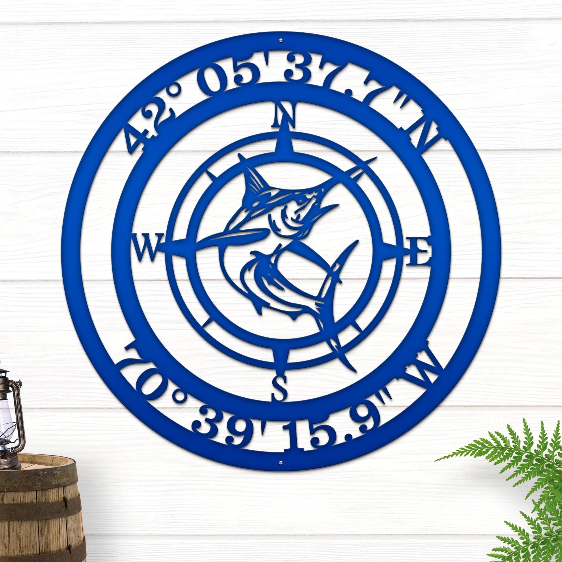 Coastal steel marlin compass art with engraved coordinates, personalized metal decor
