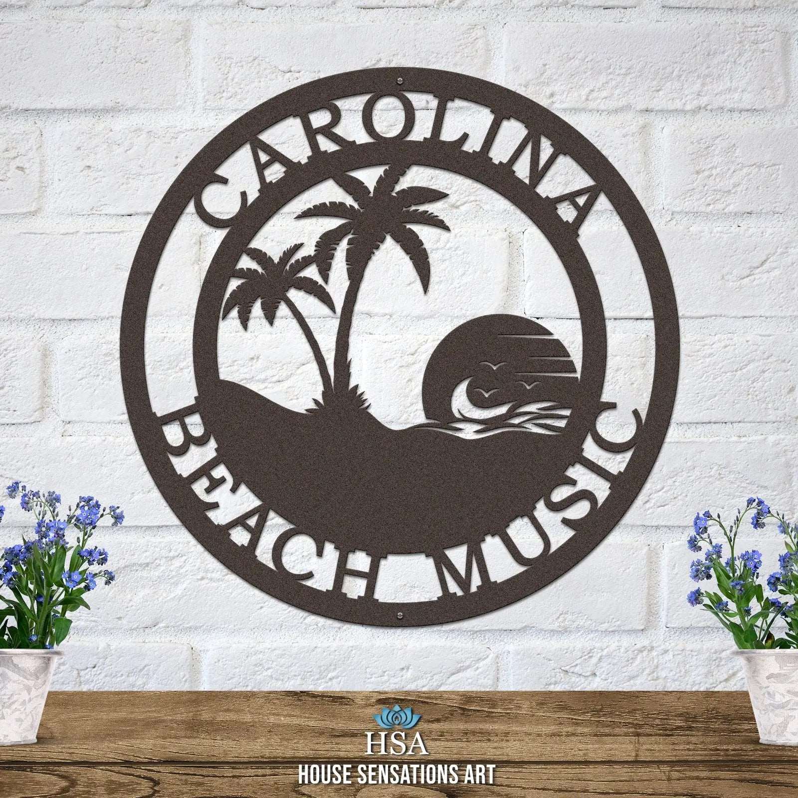 Coastal beach sunset sign with vivid sky and palm trees, personalized wall art for seaside living