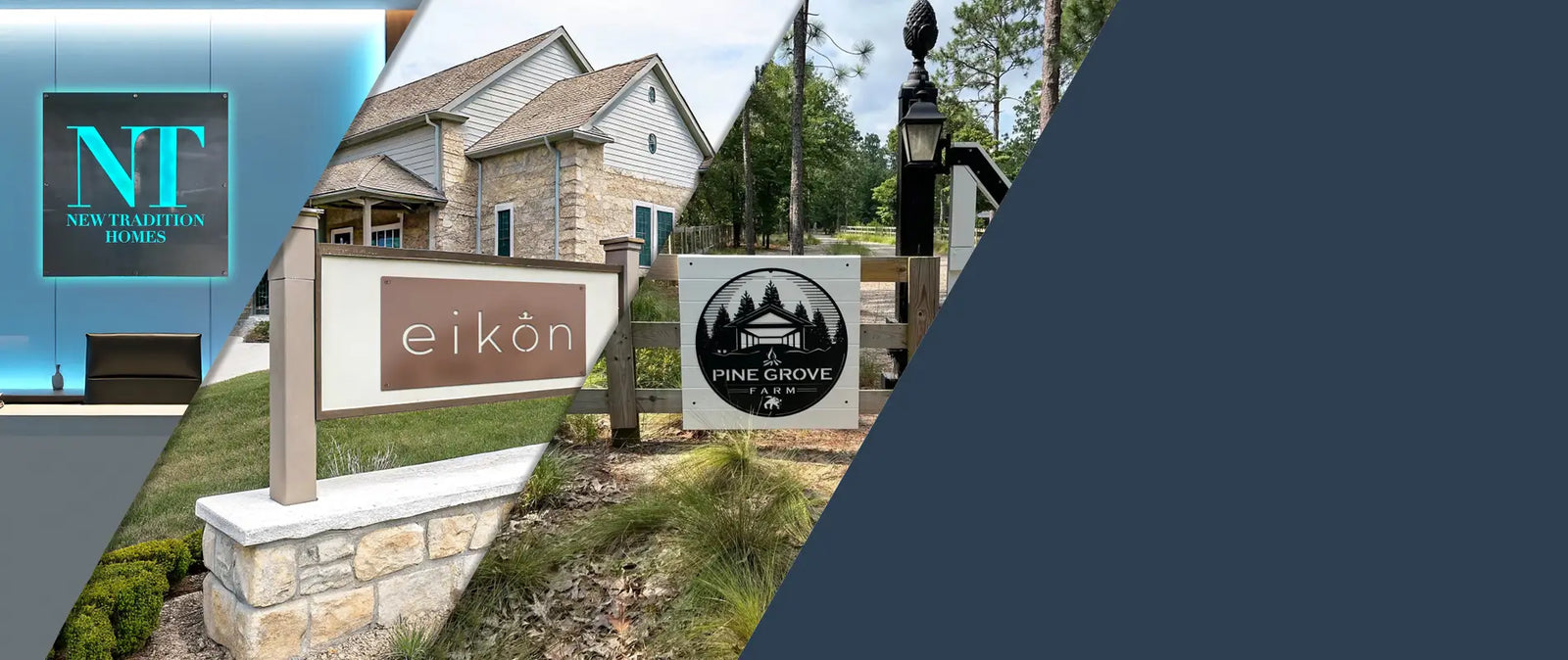 Two signs for 'eikon' and 'The Pine Grove' in a residential area with a house in the background.