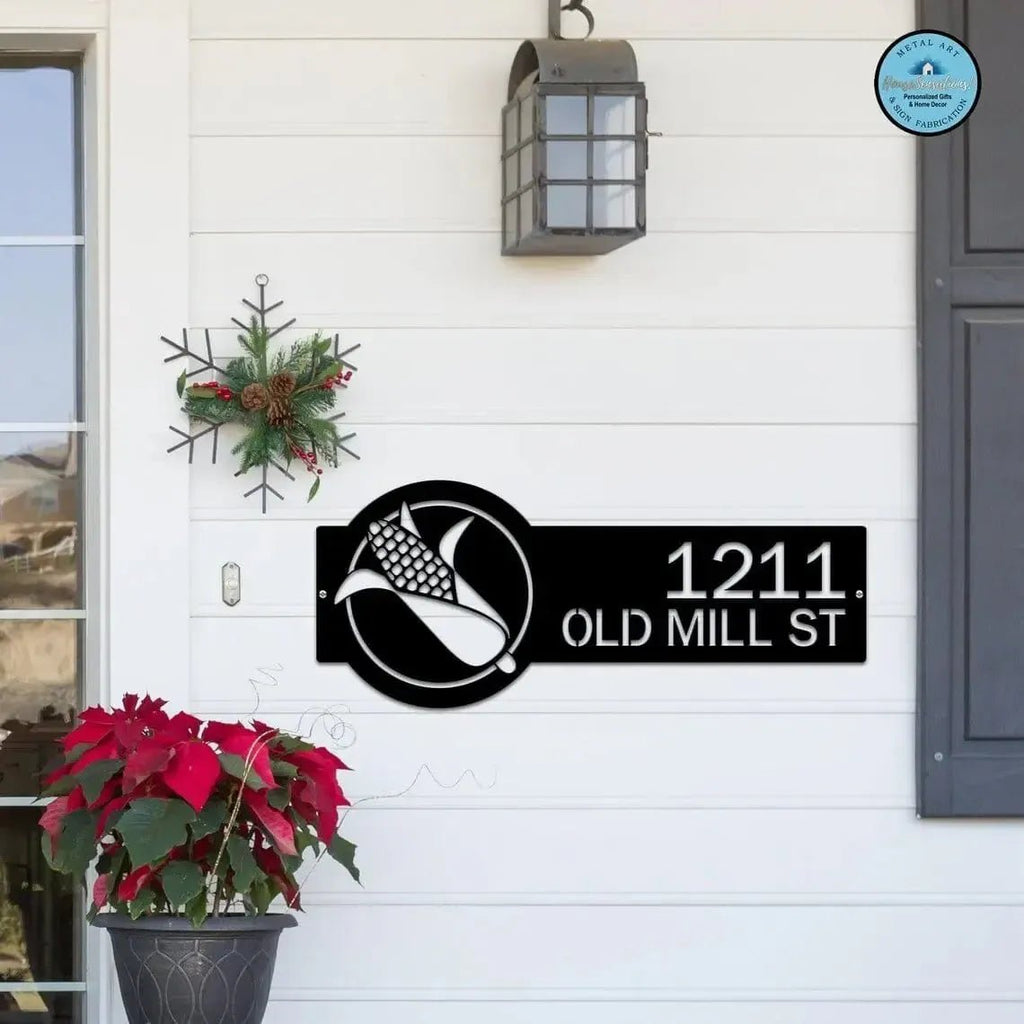 Custom corn monogram address sign, personalized house number plaque, powder coated outdoor décor mounted on house exterior with decorative potted plant