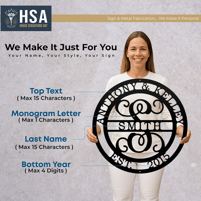 Personalized Initial Wedding Monogram Family Name Sign: Metal Anniversary Gift TT - HouseSensationsArt