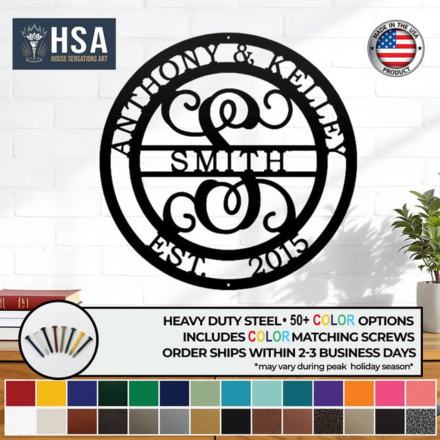 Personalized Initial Wedding Monogram Family Name Sign: Metal Anniversary Gift TT - HouseSensationsArt