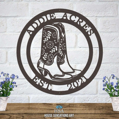 Cowgirl Boots Custom Metal Sign - Custom Metal House Number Plaque - Perfect for Outdoor Decor in Gardens, Yards, or Farms - Ideal Housewarming Gift for Animal Lovers - HouseSensationsArt
