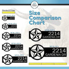 Black star-shaped metal sign size chart with measurements, HSA branding, and comparison guide for custom house number and decorative plaques