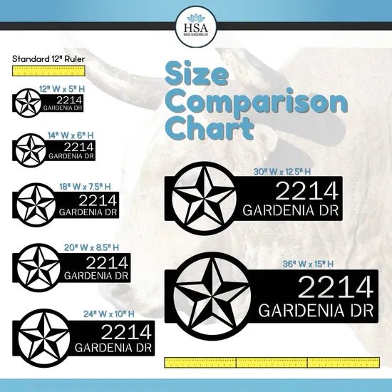 Black star-shaped metal sign size chart with measurements, HSA branding, and comparison guide for custom house number and decorative plaques