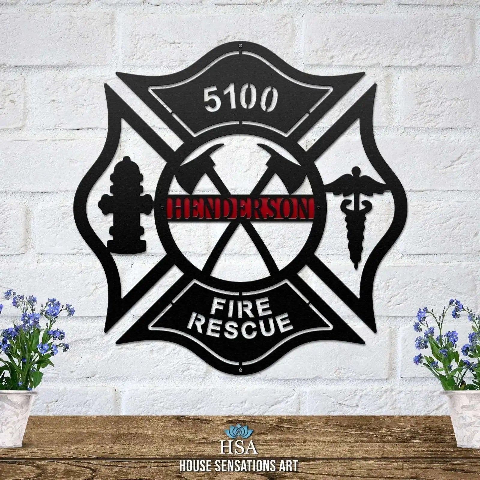 Custom metal address sign – 5100 Fire Rescue Maltese cross design for firefighter homes