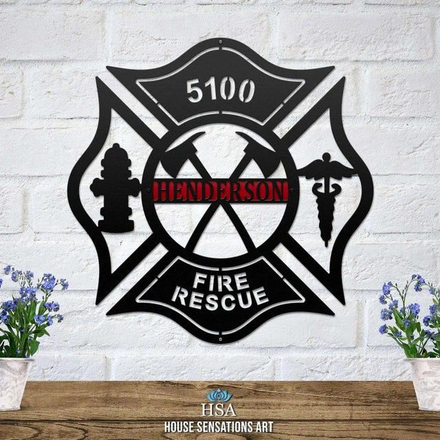 Custom metal address sign – 5100 Fire Rescue Maltese cross design for firefighter homes