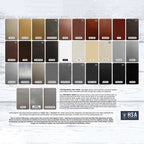 Color swatch chart of metal finishes on white wooden background with HSA branding, showcasing custom powder-coated sign colors and decorative finish options