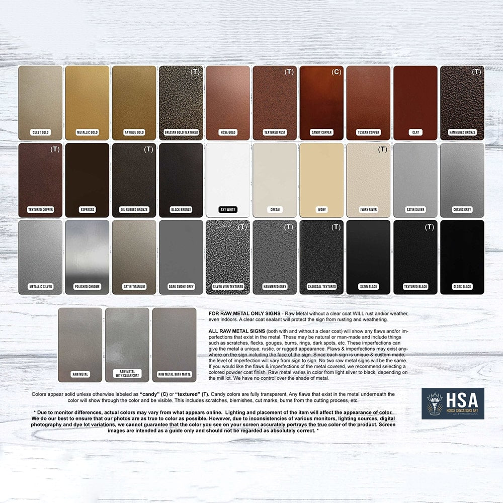 Color swatch chart of metal finishes on white wooden background with HSA branding, showcasing custom powder-coated sign colors and decorative finish options