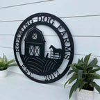 Custom barn dog horse ranch metal sign for farmhouse décor, side view of personalized “Roaming Dog Farms” plaque on white wooden background.