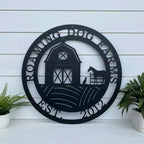 Custom barn dog horse ranch metal sign for farmhouse décor, personalized plaque with “Roaming Dog Farms” on white wooden background.