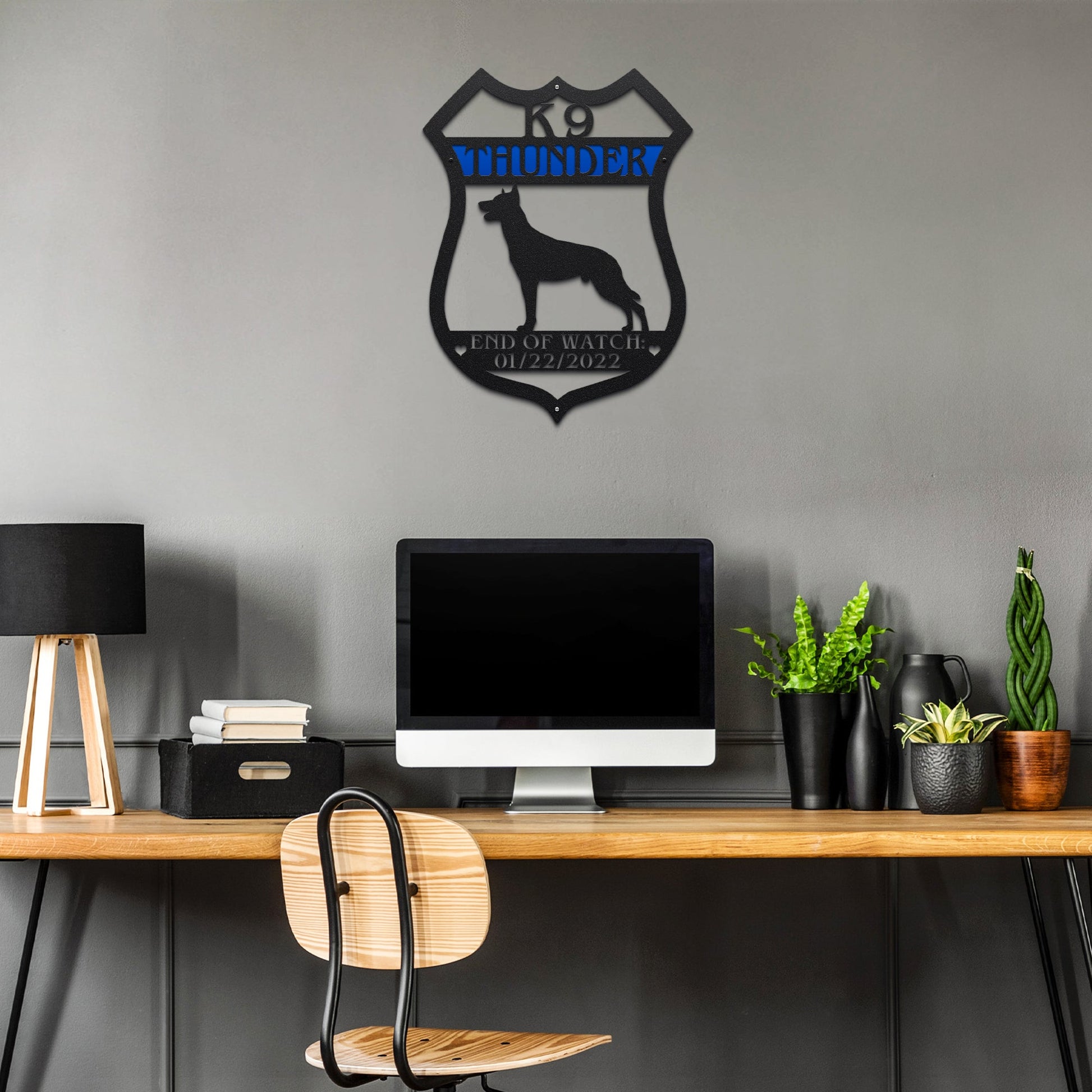 Custom Belgian Malinois police dog sign – weather-resistant metal house name plaque