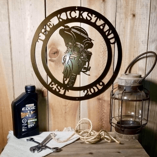Custom biker home decor – motorcycle metal wall sign with house number for unique front door style
