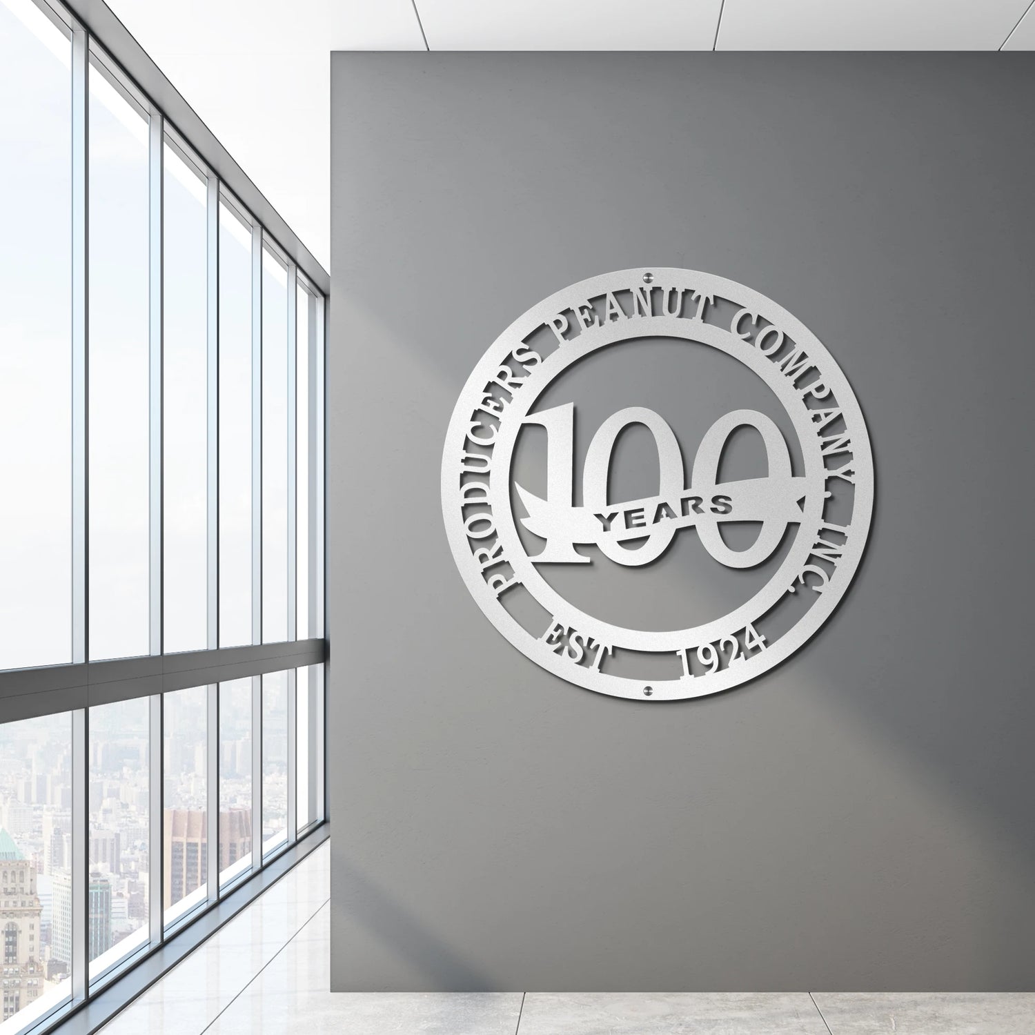 Custom business anniversary sign celebrating company milestones with branded design