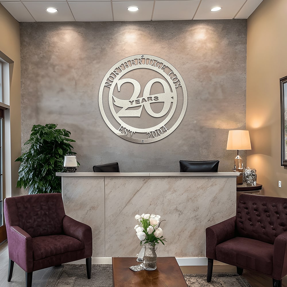 Custom metal business anniversary sign reading “20 Years,” decorative wall art displayed in office interior, personalized milestone décor, HouseSensationsArt