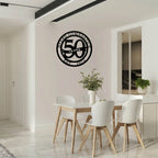 Custom metal business anniversary wall art reading “50 Years,” displayed in dining room setting with HSA branding, personalized milestone décor, HouseSensationsArt
