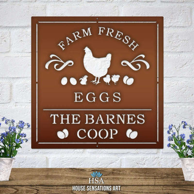 Custom chicken coop metal sign “Farm Fresh Eggs The Barnes Coop” with chicken illustration on brown background, rustic farm barn décor, personalized backyard sign