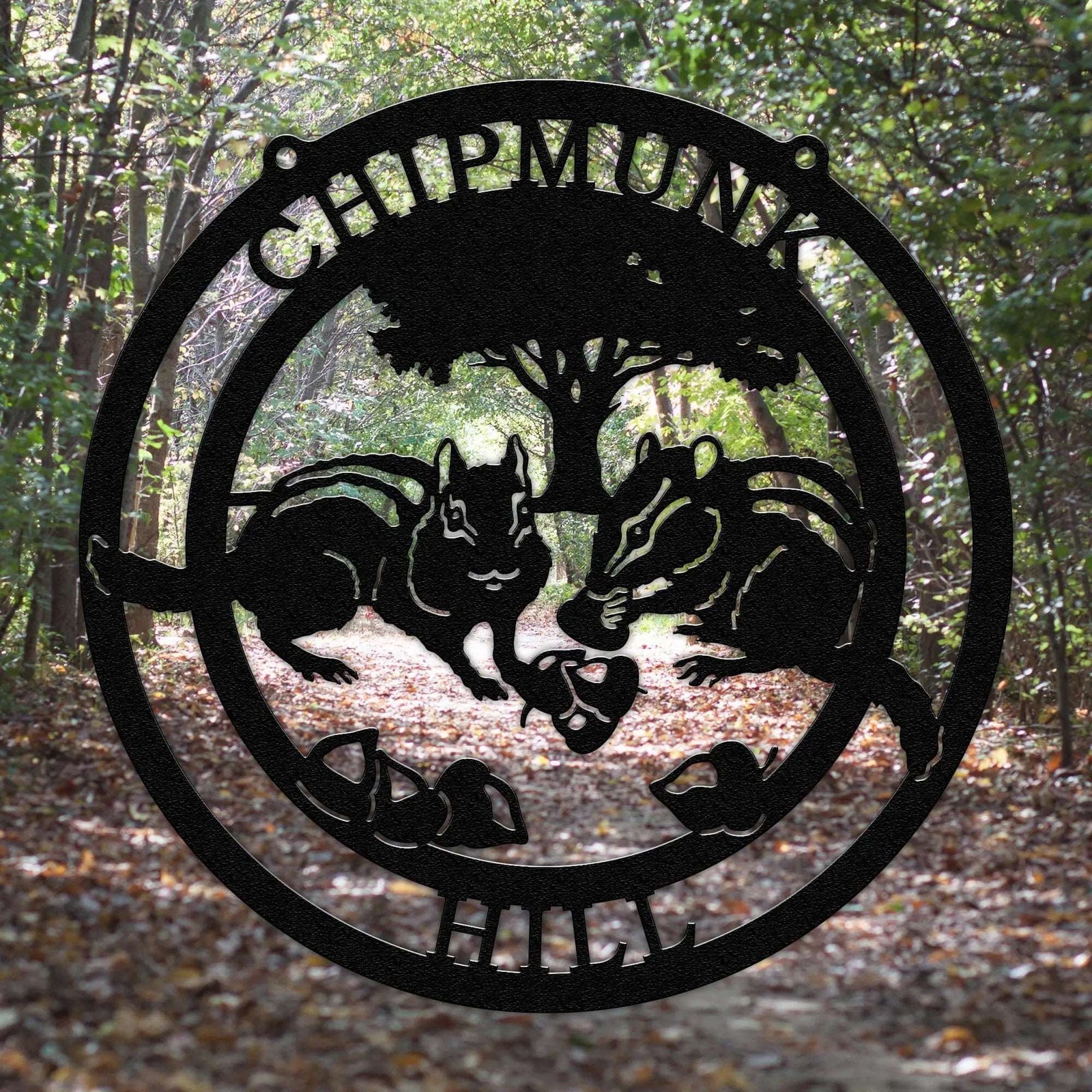 Custom metal Chipmunk Crossing sign with chipmunk design, decorative outdoor wall art, powder coated plaque mounted in forest-inspired setting