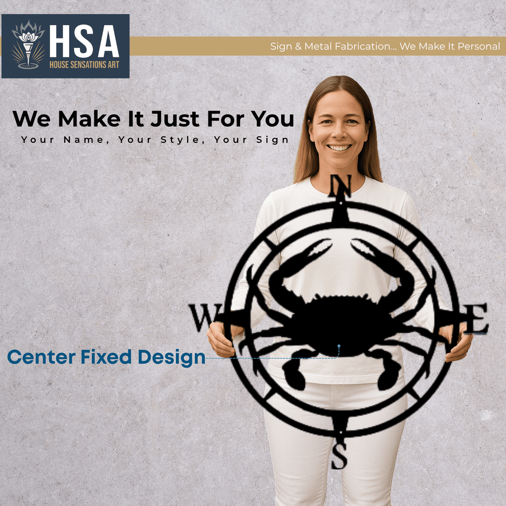 Woman holding custom compass metal wall art with crab design for nautical décor, featuring HSA House Sensations Art branding.