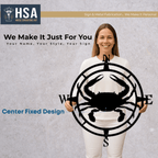 Woman holding custom compass metal wall art with crab design for nautical décor, featuring HSA House Sensations Art branding.