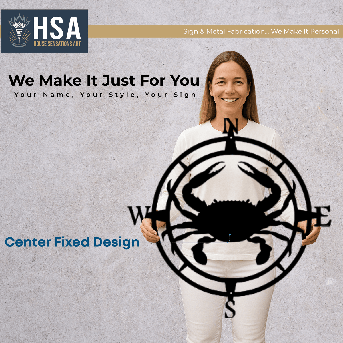 Woman holding custom compass metal wall art with crab design for nautical décor, featuring HSA House Sensations Art branding.
