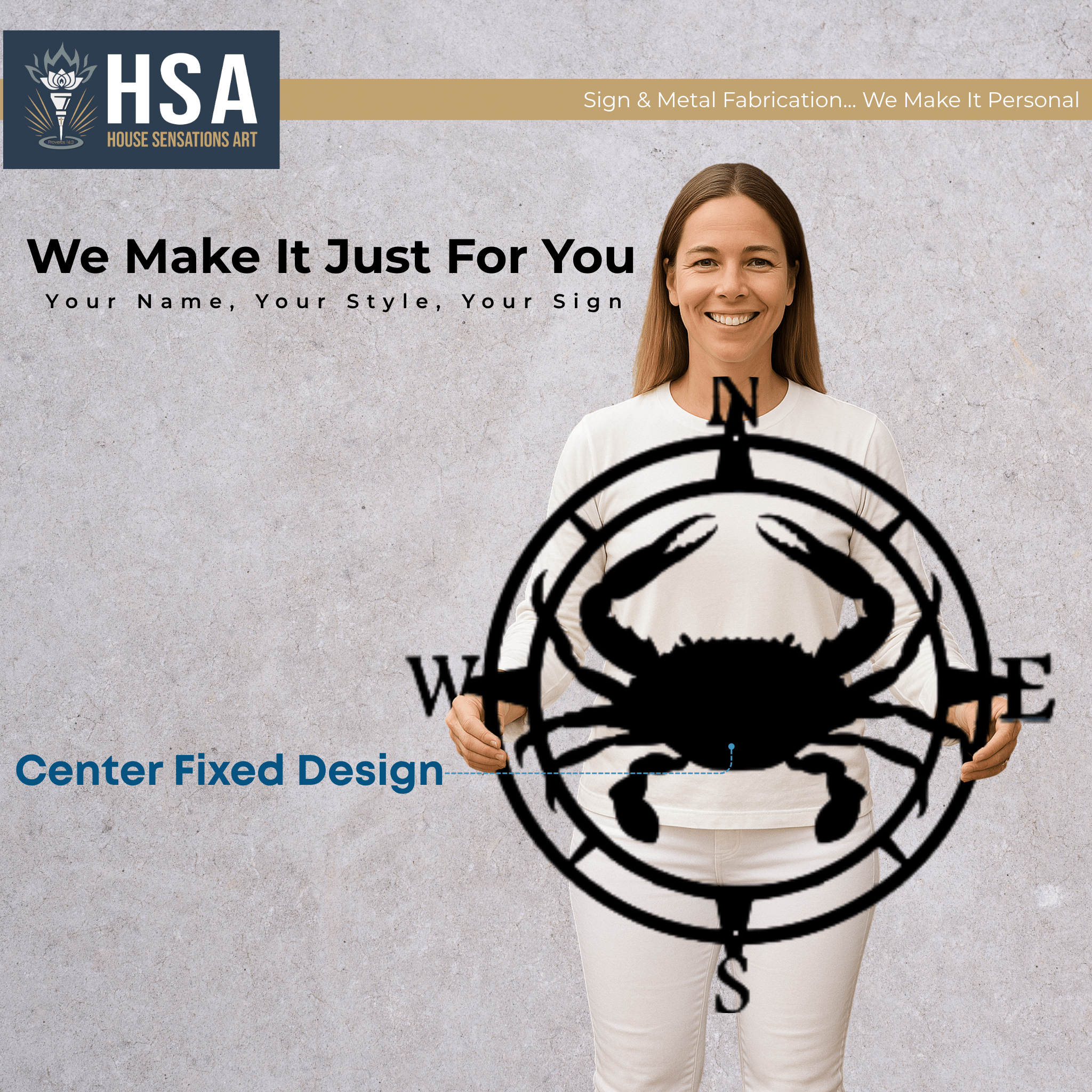 Woman holding custom compass metal wall art with crab design for nautical décor, featuring HSA House Sensations Art branding.