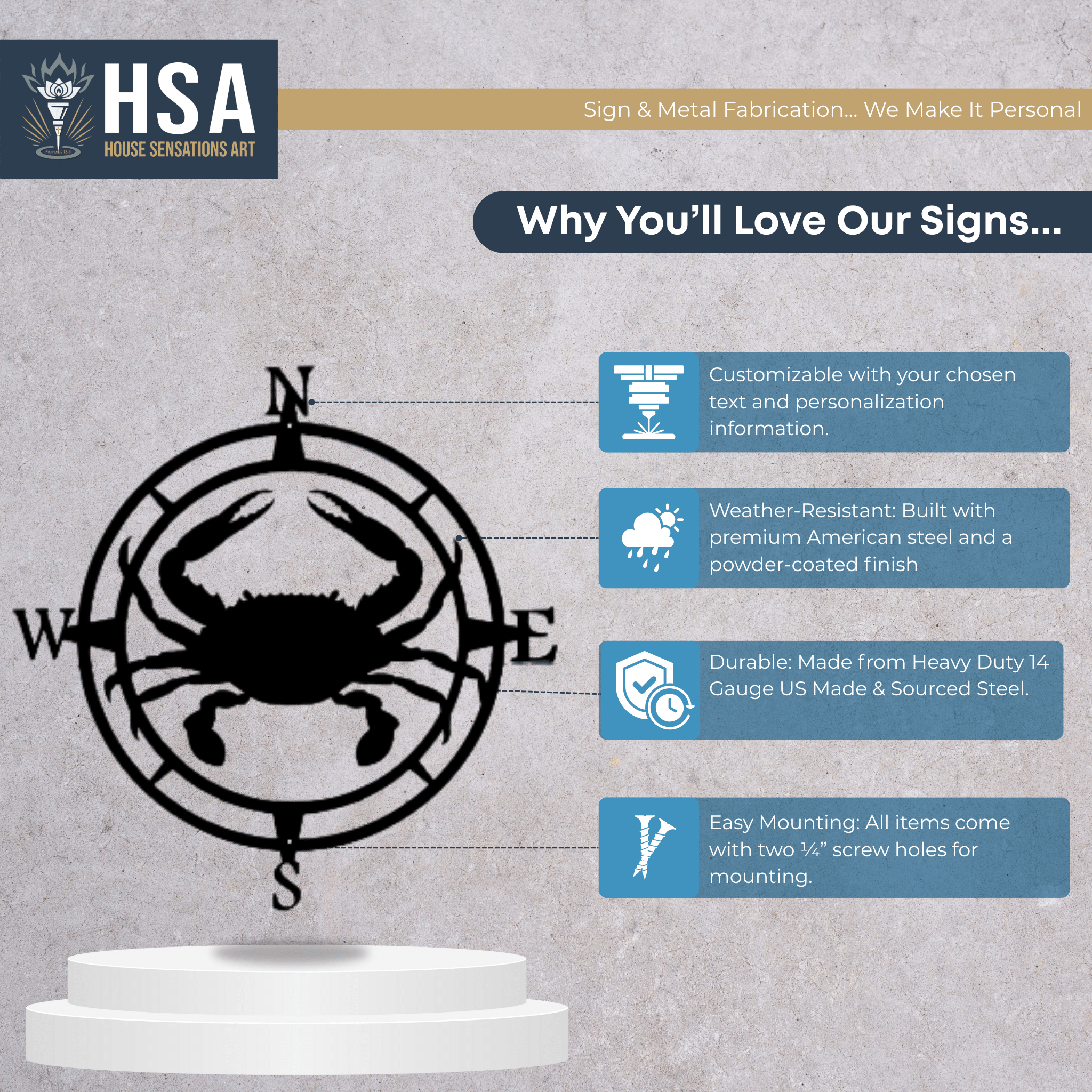 Custom compass metal wall art with crab design for nautical décor, decorative metal sign on gray background featuring HSA branding.
