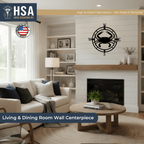 Custom compass metal wall art with crab design for nautical décor, displayed in living room with HSA logo and metal fabrication text.