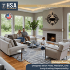 Family in living room with decorative metal wall art, showcasing home décor display with HSA logo branding.