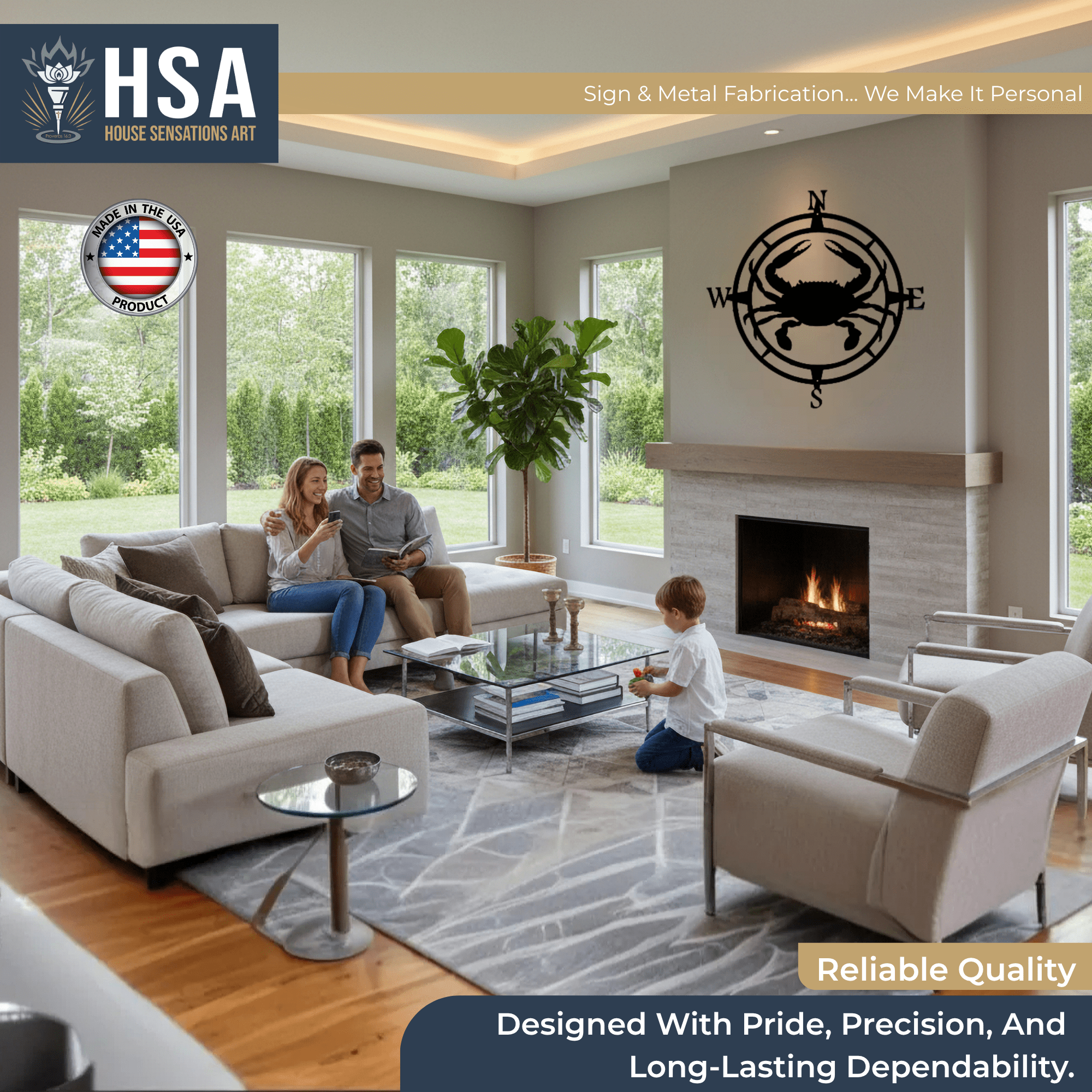 Family in living room with decorative metal wall art, showcasing home décor display with HSA logo branding.