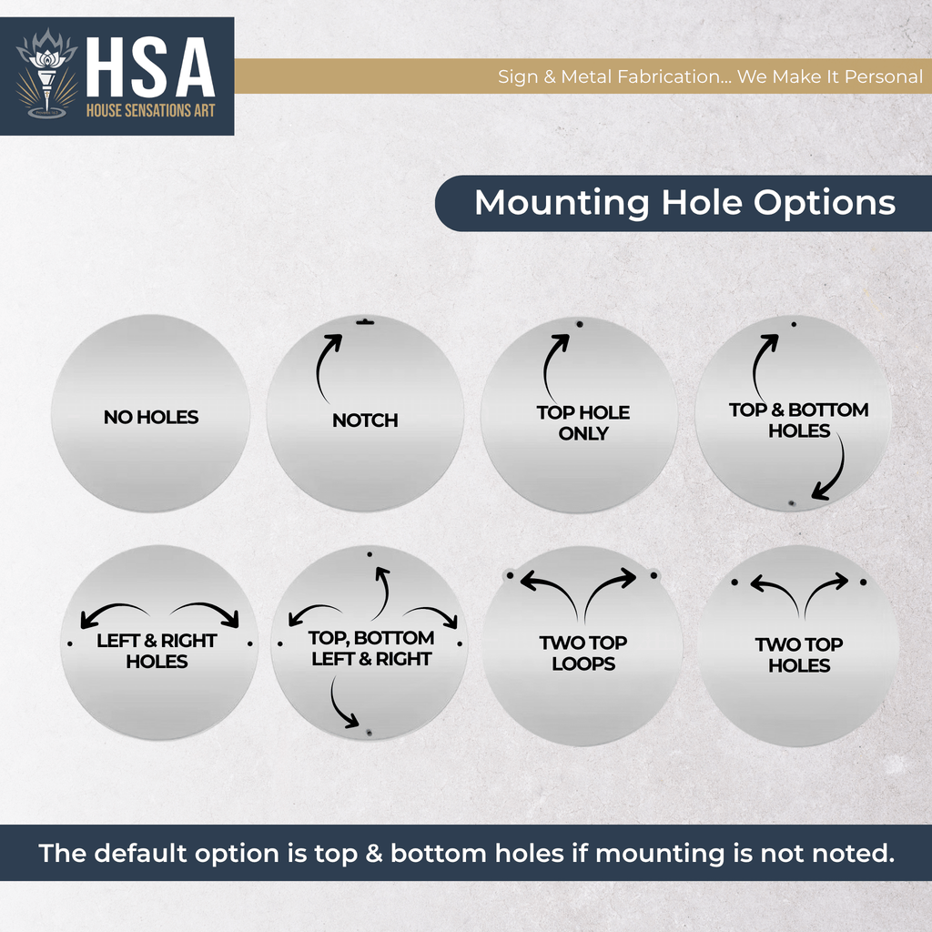 Diagram showing metal name monogram mounting hole options, notch, top, top & bottom, left & right, all sides, with HSA branding for custom wall signs