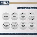 Diagram showing metal name monogram mounting hole options, notch, top, top & bottom, left & right, all sides, with HSA branding for custom wall signs