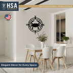 Custom compass metal wall art with crab design for nautical décor, displayed in dining room with HSA logo and sign and metal fabrication text.