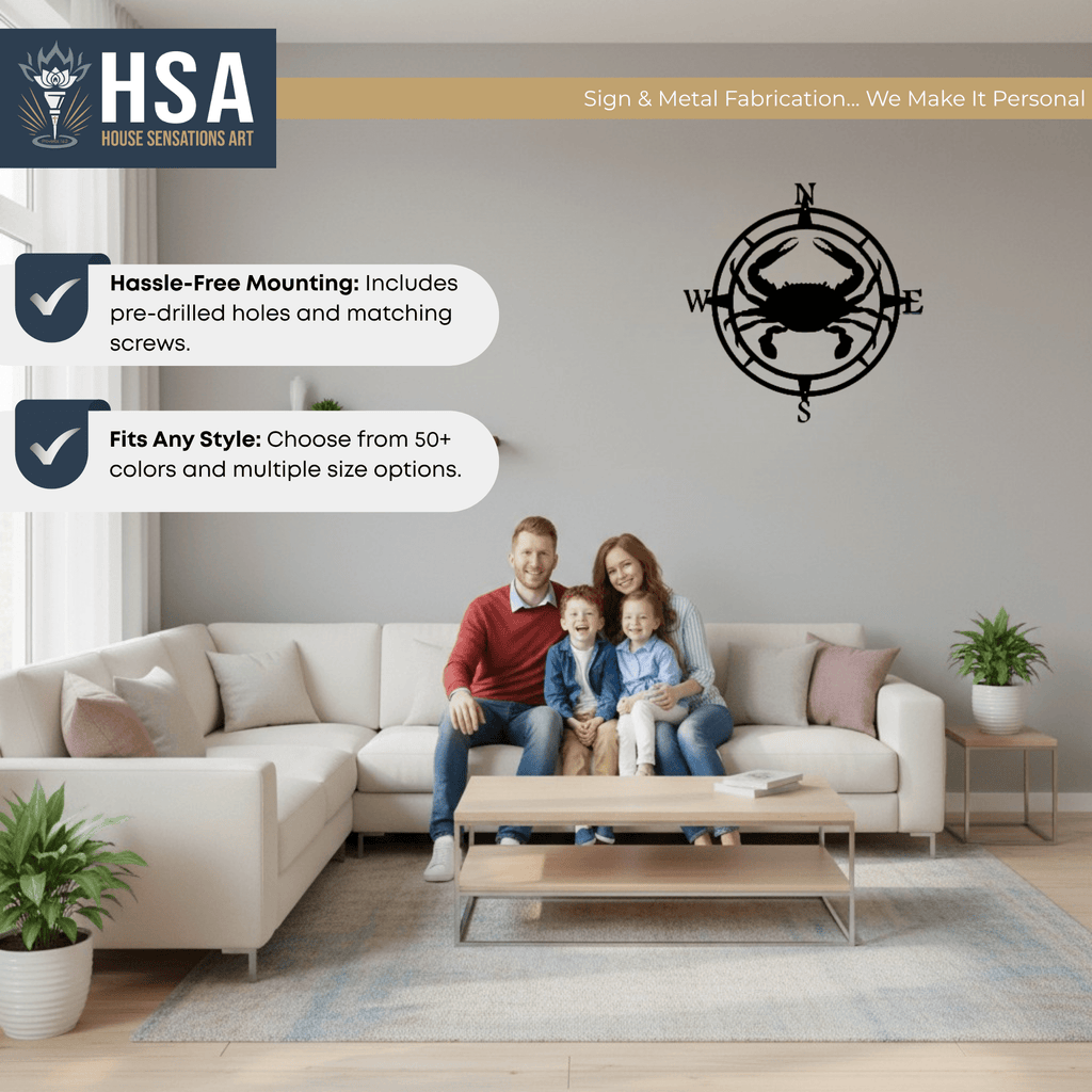Family in living room with custom compass metal wall art featuring crab design, nautical décor displayed above couch with HSA branding.