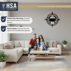 Family in living room with custom compass metal wall art featuring crab design, nautical décor displayed above couch with HSA branding.